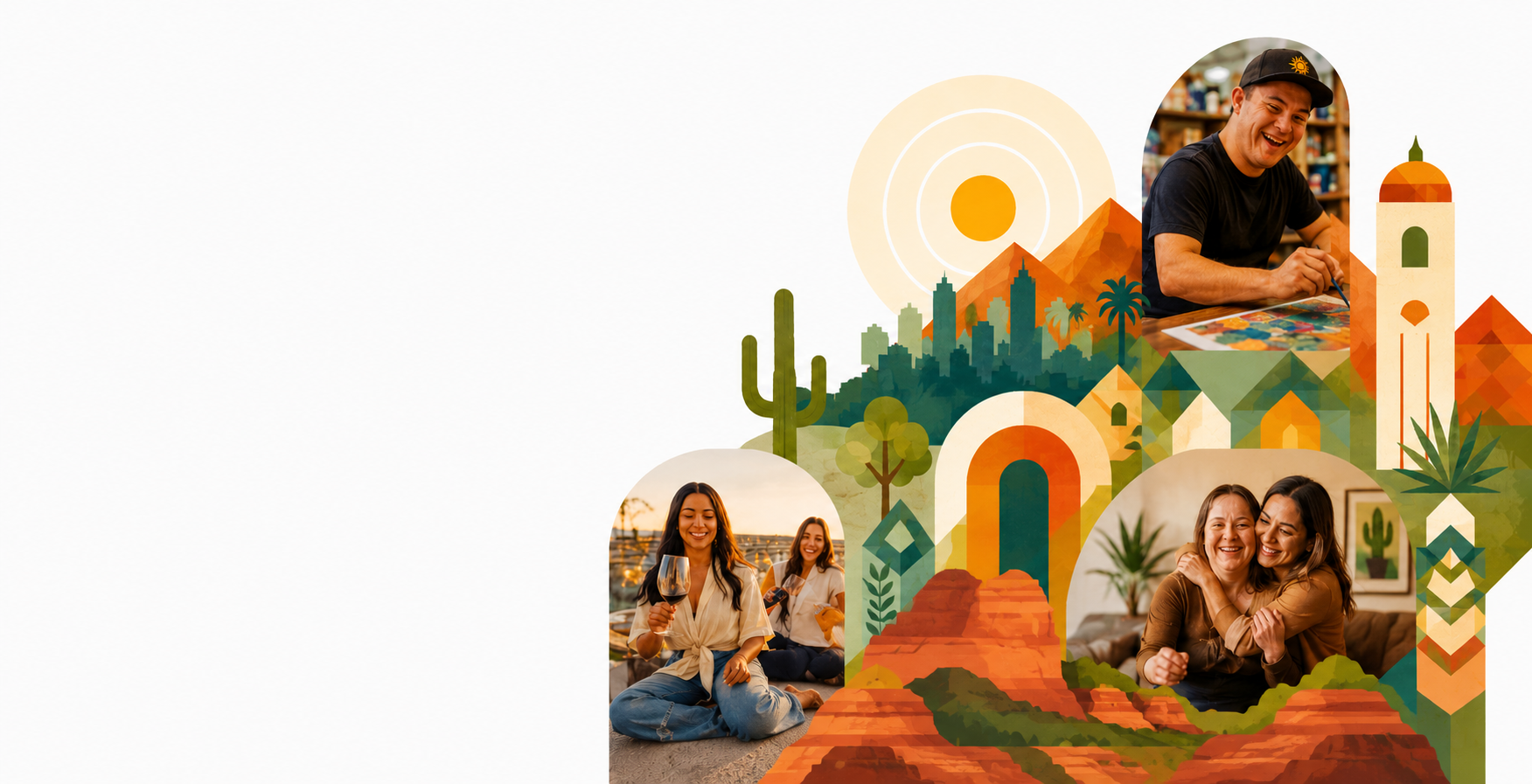 Illustrated Phoenix landscape with desert mountains, saguaro, and arches surrounding photos of residents and community members smiling together.